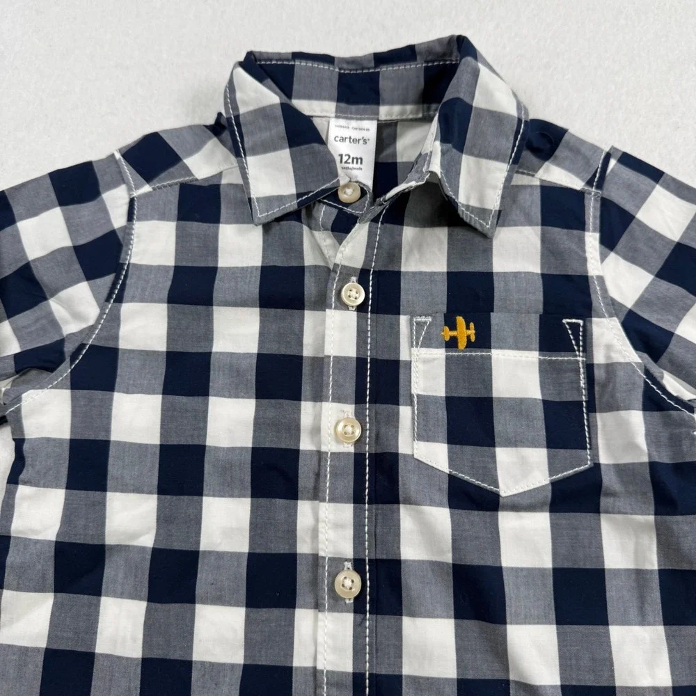 NWT Carters Baby Boys Navy White Buffalo Check Long Sleeve Button Down Shirt 12M